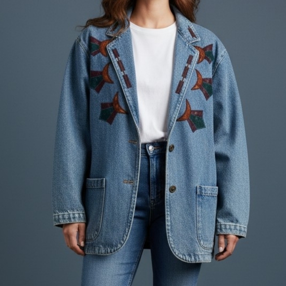 VTG SUNBELT 1980s Denim Oversized Southwestern Applique Topper Jacket